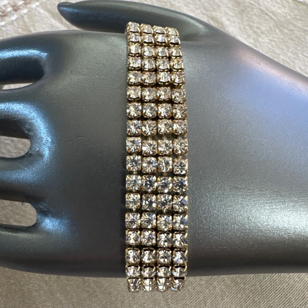 Small Stretch Rhinestone Bracelet, Gold Tone, Four Rows